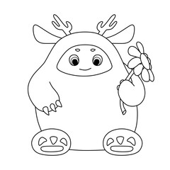Cute Little Monster Sitting with a Flower. Coloring Book for Kids