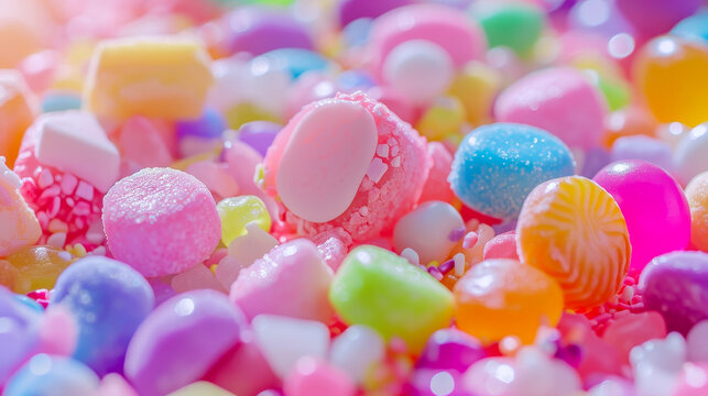 A colorful variety of candies and sweets, showcasing different shapes, sizes, and textures in a bright composition.
