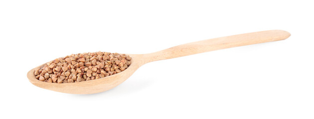Spoon with raw buckwheat isolated on white