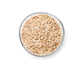 Dry pearl barley in bowl isolated on white, top view