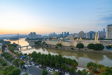 Fototapeta premium Zhongzhou Island and Urban Skyline in Fuzhou, China