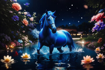 Obraz na płótnie Canvas A photo of a beautiful blue horse in water at night Generative AI