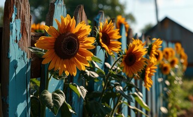 Line of sunflowers on an old wooden fence