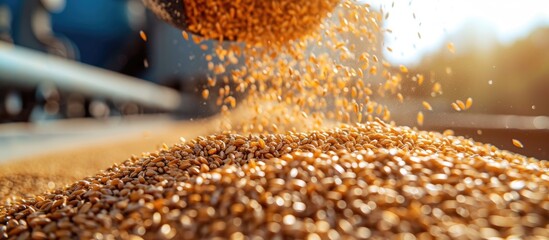 Wheat grain loading at agro plant during harvest. - obrazy, fototapety, plakaty