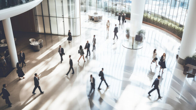 Motion Blur, Silhouette People Walking In Office Business Corporation. Blurred Images.