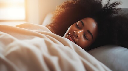 Pretty African-American woman sleeps calmly under blanket on soft bed at home closeup - obrazy, fototapety, plakaty