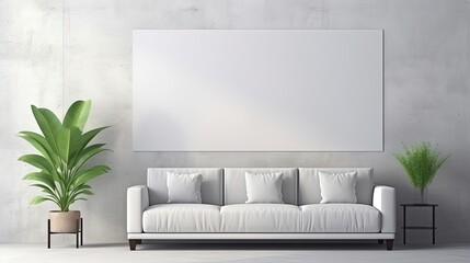 Sofa, a big art and a house plants in a modern home decoration. Part of the interior in a minimalist style against the background of a dark gray concrete wall. Photo with copy space.