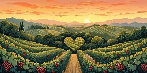 Heart-shaped Vineyard - Design an illustration of a vineyard with grapevines forming heart shapes, creating a romantic backdrop for wine lovers. The sunset hues and rolling hills add a touch - obrazy, fototapety, plakaty