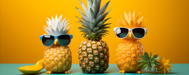 Pineapple wearing sunglasses with sunblock on a solid background summer holidays concept.