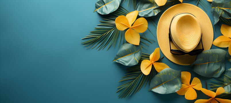summer blue banner with yellow hat ,sunglasses,seashell on blue background top view vacation holidays concept