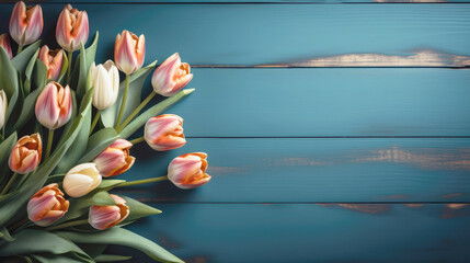 Bouquet of pink tulips flowers on turquoise blue vintage wooden background. Tulip border with copy...