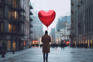 Male Lover Holding a Big Red Heart Balloon in the Middle of the Street in the City for Valentines Day