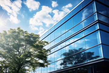 glass office building in blue sky