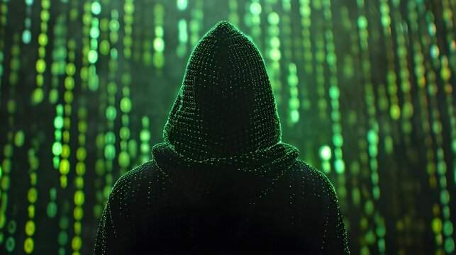 cyber security hacker with a hoodie at green alphabet rain matrix. green binary code background and hacker. cyber security, binary codes and computer technology concept
