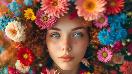 Naklejka premium beautiful girl with flowers on her head. flower head woman. women's day, purity of woman and nature girl concept