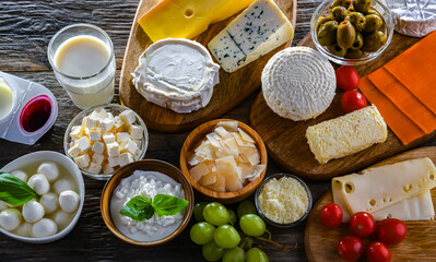 A variety of dairy products including cheese, milk and yogurt