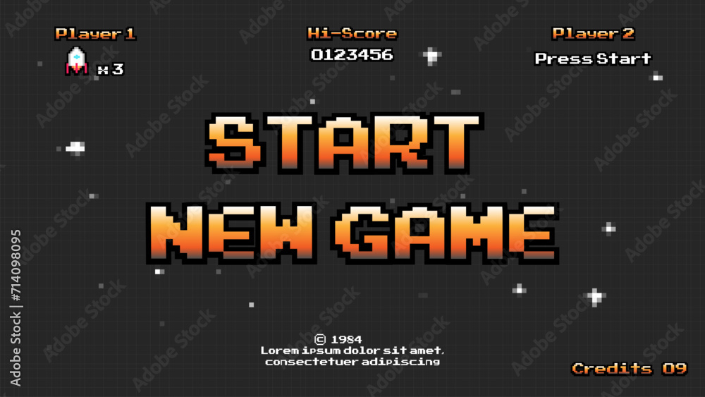 Poster start new game .pixel art .8 bit game.retro game. for game assets in vector illustrations.