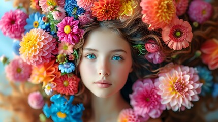 a woman with a flower crown on her head is covered in vibrant flowers.  nature woman, womens day and natural girl