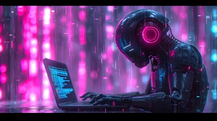 cyberpunk robot using laptop in neon alphabet rain matrix background. future technology and cyber. cyberpunk, robotic technology and digital concept 