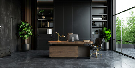 Modern black office interior with wooden desk, armchair and bookshelf. Workplace concept. 3D Rendering