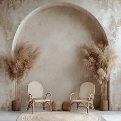 Pompas grass , beige background and chairs decorate on background