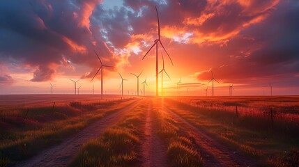 wind turbines at sunset. green energy use of world. green energy, wind power options, renewable power sources concept - obrazy, fototapety, plakaty