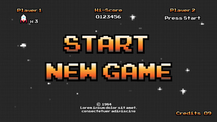 Start new game .pixel art .8 bit game.retro game. for game assets in vector illustrations.	
