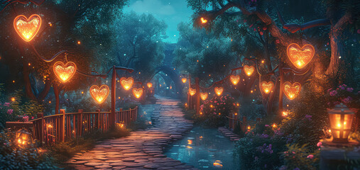Fototapeta premium Glowing Love Lanterns Path - Design an illustration of a magical path lined with glowing lanterns shaped like hearts, leading to a secluded and romantic destination