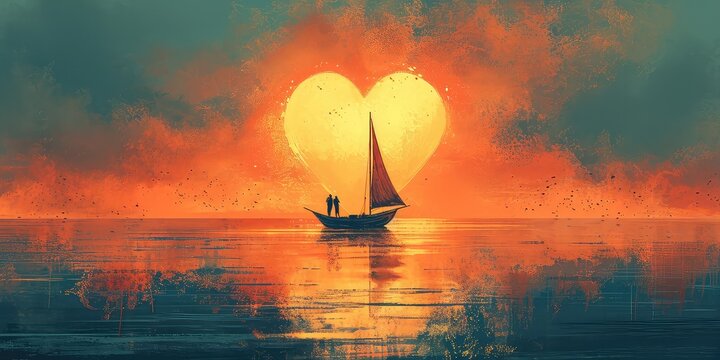 Sailing on a Love Boat - Design an illustration of a boat sailing on calm waters, shaped like a heart. The scene can depict a couple enjoying a peaceful journey surrounded by love