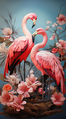 Drawing of a pair of pink flamingos among tropical leaves and flowers, red colors, vintage style. Vertical image.