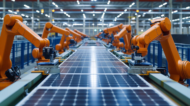 Advanced high precision robot arm On the solar panel assembly line Fully automatic, controlled by computer. Inside a modern electronics factory