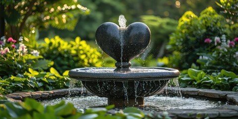 Heart-shaped Garden Fountain - Illustrate a serene garden with a heart-shaped fountain as its centerpiece. The sound of trickling water and the surrounding greenery add to the tranquility of the scene - obrazy, fototapety, plakaty