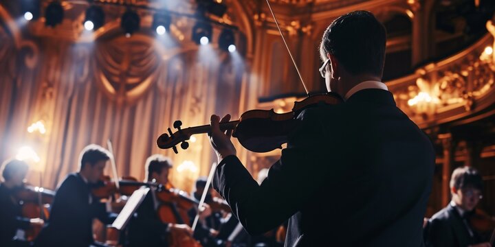 Cinematic shot of Conductor leading Symphony Orchestra with Performers playing Violins, Cello, and Trumpet on Traditional Theatre with Curtain Stage during Musical Performance.