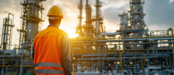 Silhouette of a safety officer standing against the backdrop of a glowing refinery at sunset, inspecting the site.