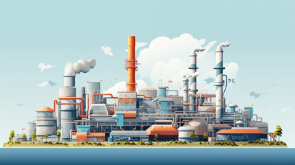 Nuclear power generation plant Factory concept, highly polluting factory with smoke tower and gas pipeline. - obrazy, fototapety, plakaty