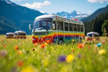 Foto auf Acrylglas Londoner roter Bus multicolor transports viewers to a wide and open grass field within a natural landscape, inviting them to explore the expanse and appreciate the simple beauty of the scene