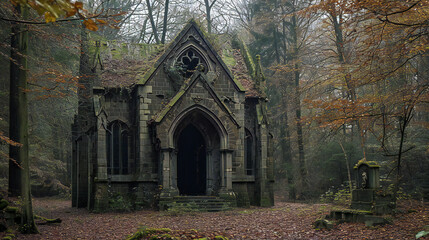Fototapeta na wymiar An old chapel in the woods, gothic atmosphere