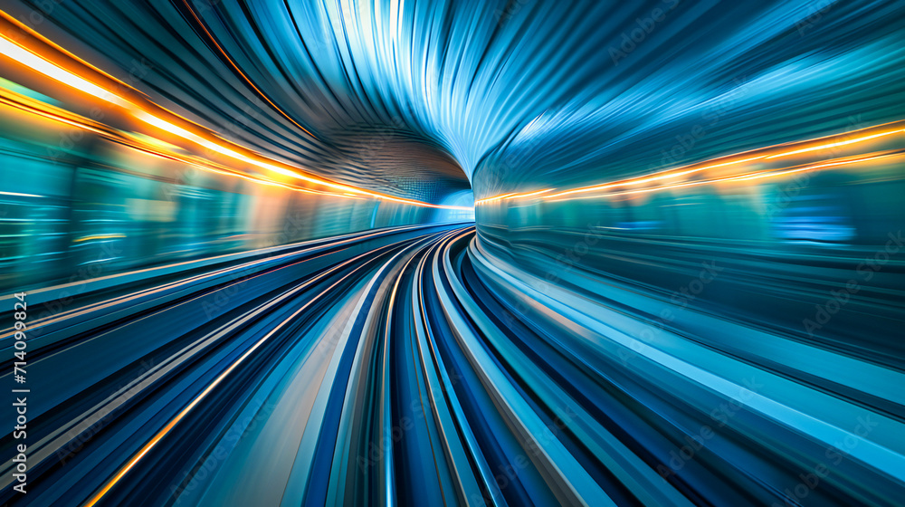 Poster acceleration speed on the railroad. light and stripes fast motion blur.