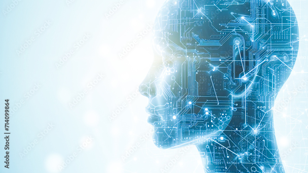 Poster a human head over intricate circuitry. artificial intelligence and human-computer integration concep