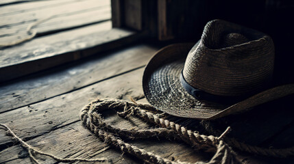 An old cowboy hat laying on an old wooden floor near a rope