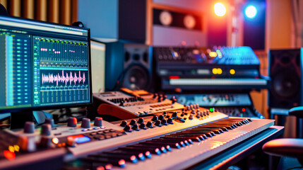 Music producing equipment in a home music studio - obrazy, fototapety, plakaty