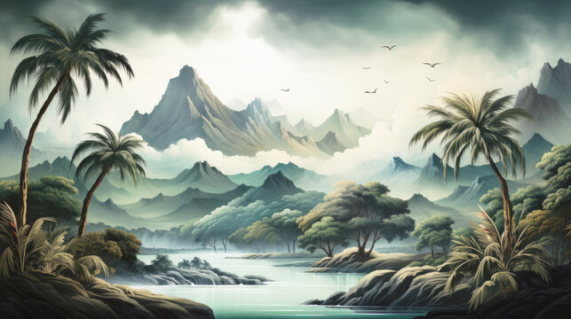 Wallpaper green landscape, jungle and mountains tropical forest mural, old drawing, vintage background.
