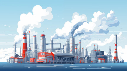 Obraz premium Nuclear power generation plant Factory concept, highly polluting factory with smoke tower and gas pipeline.