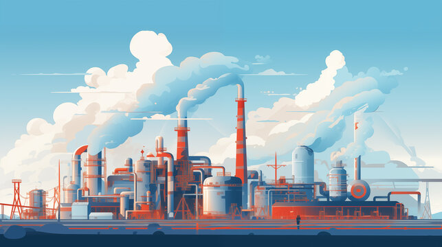 Nuclear Power Generation Plant Factory Concept, Highly Polluting Factory With Smoke Tower And Gas Pipeline.