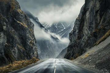 road between two mountains surreal - obrazy, fototapety, plakaty