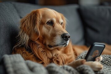 Golden retriever dog lies resting sleeps