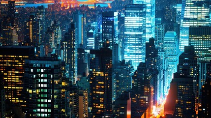 Cityscape at Night - Illuminated Buildings and Vibrant Lights Creating a Spectacular Urban Scene