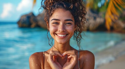 Portrait of a happy lady in bathing suit forming a heart with her hands at the seaside - Beautiful cheerful Latina woman giggling at the lens outdoors - obrazy, fototapety, plakaty