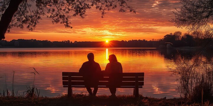Lakeside Sunset Serenade - Picture a couple sitting on a bench in front of a lake, savoring the beauty of a sunset.