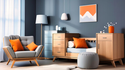 Stylish and modern living room interior with contemporary design. A bright and cozy space with elegant furniture